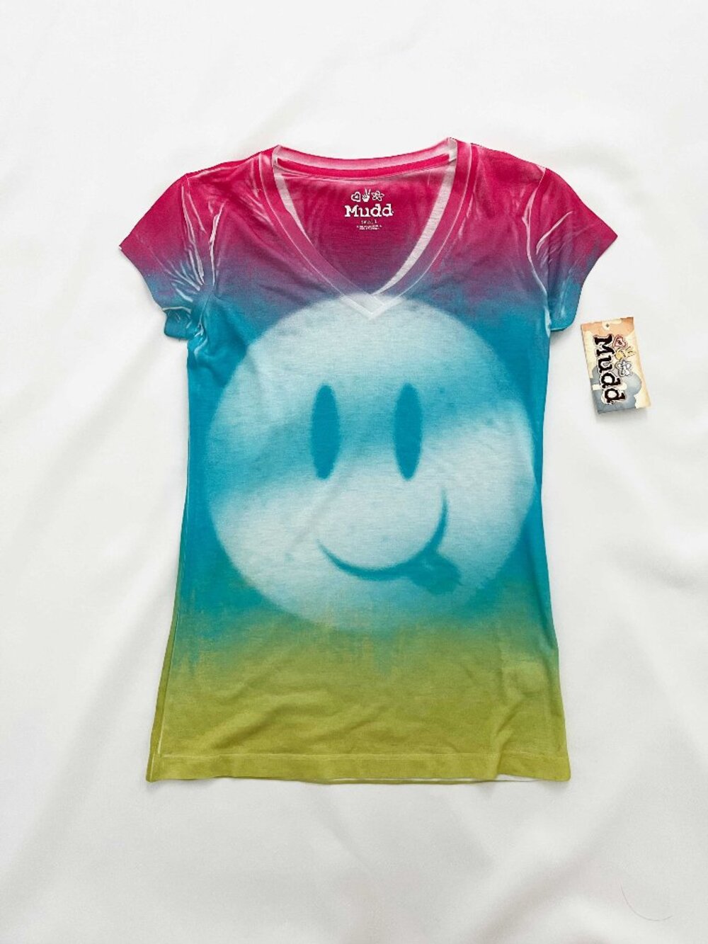 Mudd Tie-Dye Rainbow Smiley Face V-Neck T-Shirt Women's S NWT
